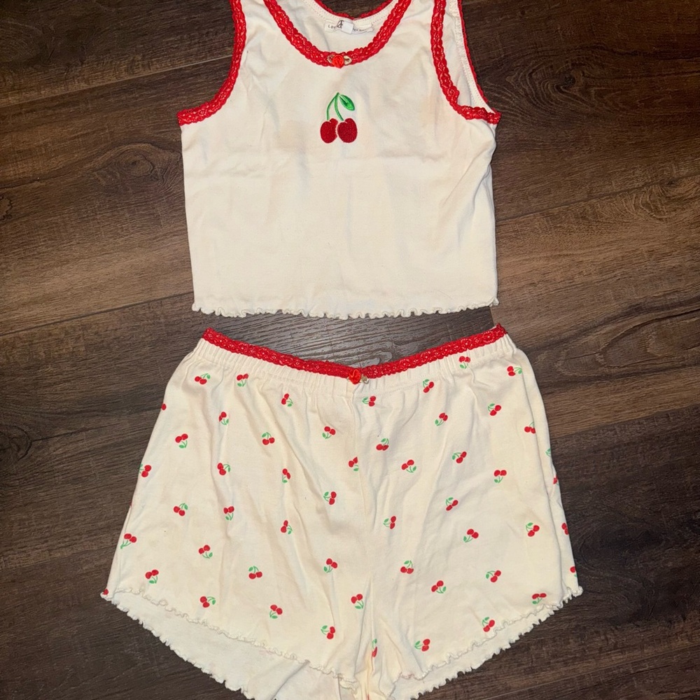 White and Red Cherry Print Pajamas Intimates & Sleepwear